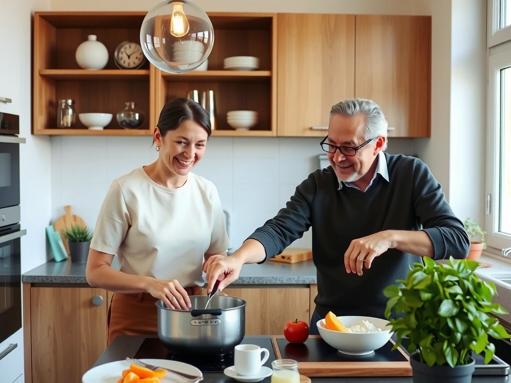 Älteres Ehepaar Hannelore und Peter B. glücklich beim gemeinsamen Kochen in einer modernen Küche