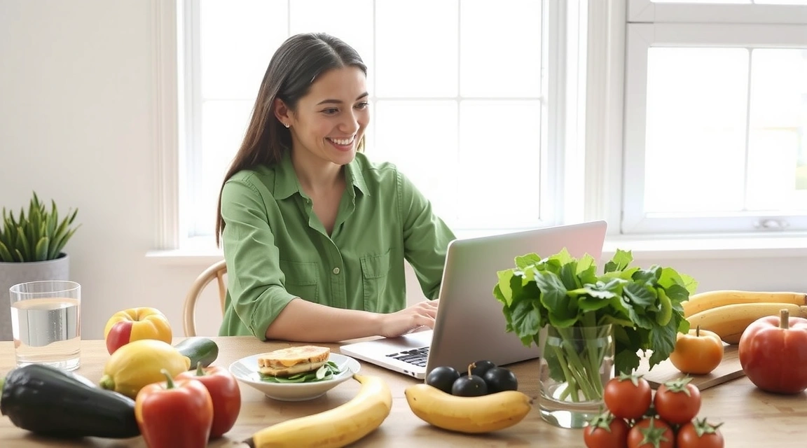 Eine freundliche Beraterin lächelt, während sie eine digitale Ernährungsberatung durchführt, umgeben von frischen Lebensmitteln und einem Laptop.