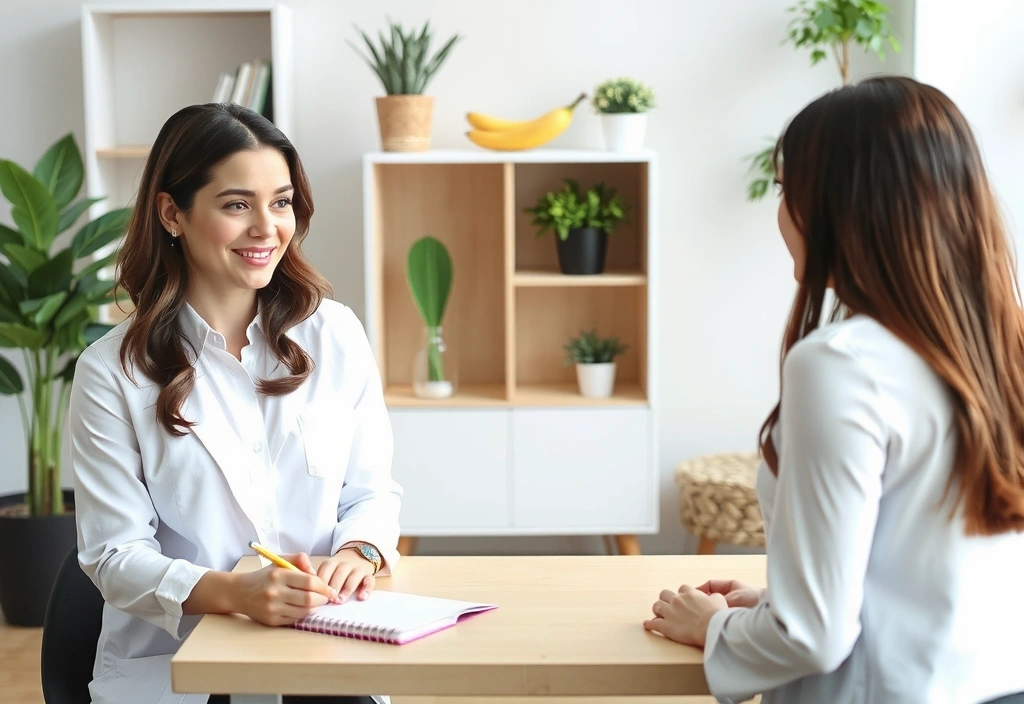Frau im Gespräch mit Ernährungsberaterin, die Notizen macht