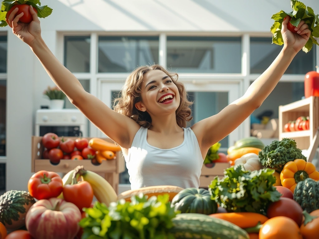 Glückliche Person feiert Erfolg mit gesunder Ernährung